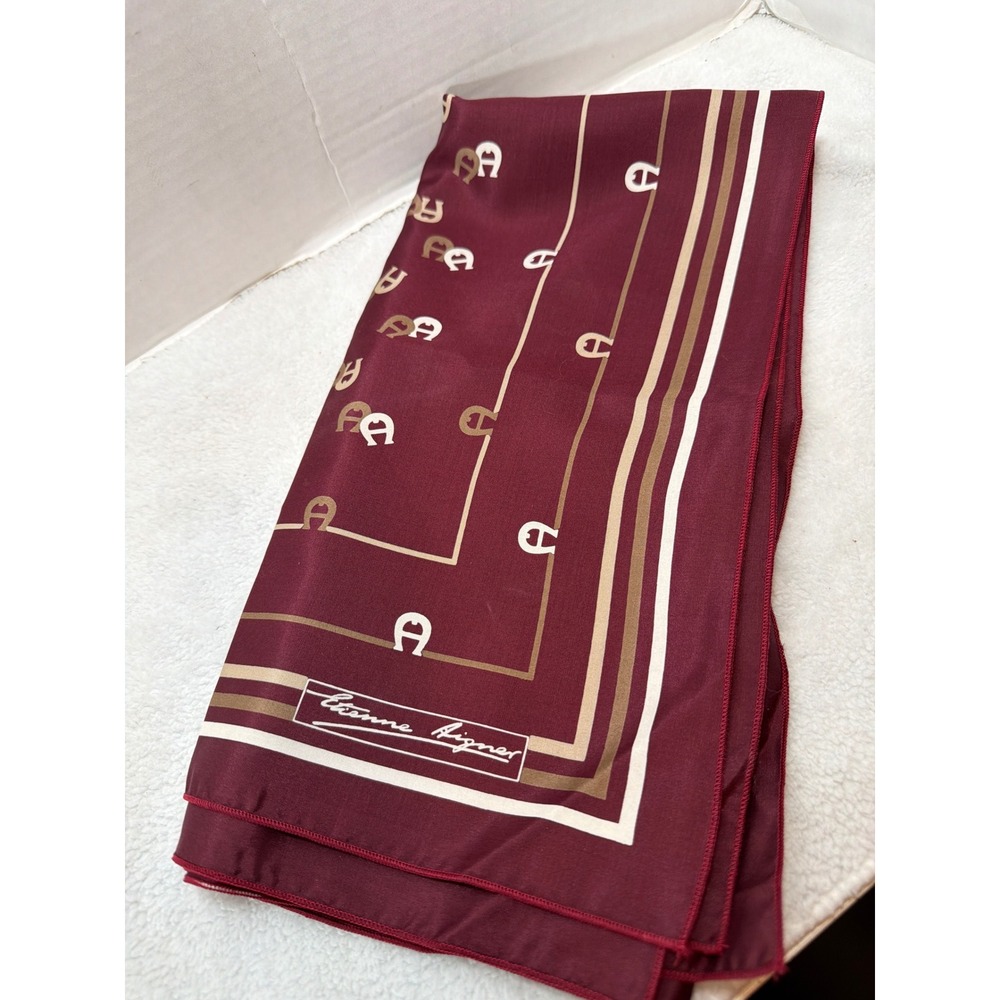 VTG Silk 27" Etienne Aigner Scarf Burgundy Logo Horseshoe Striped Square Scarf
